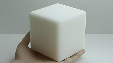 Poster - Hand holding cube, minimalist background