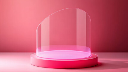 Poster - Pink neon glowing product podium with digital led screen on wall. Realistic 3d vector illustration of luminous stage for goods display. Empty futuristic cylinder platform with light in studio room.