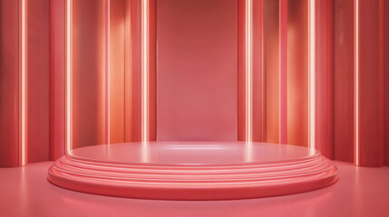 Poster - Pink neon glowing product podium with digital led screen on wall. Realistic 3d vector illustration of luminous stage for goods display. Empty futuristic cylinder platform with light in studio room.