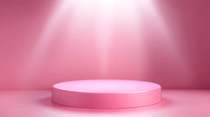 Poster - Pink neon glowing product podium with digital led screen on wall. Realistic 3d vector illustration of luminous stage for goods display. Empty futuristic cylinder platform with light in studio room.