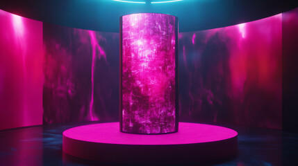 Poster - Pink neon glowing product podium with digital led screen on wall. Realistic 3d vector illustration of luminous stage for goods display. Empty futuristic cylinder platform with light in studio room.