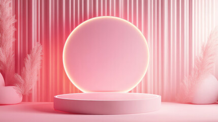 Poster - Pink neon glowing product podium with digital led screen on wall. Realistic 3d vector illustration of luminous stage for goods display. Empty futuristic cylinder platform with light in studio room.