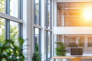 Poster - Interior of modern workplace with blank screen computer on wooden table in modern room. Mock up