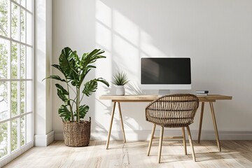 Poster - Interior of modern workplace with blank screen computer on wooden table in modern room. Mock up