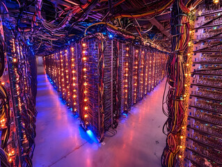 Poster - Data center server room, glowing lights, network infrastructure, computing power