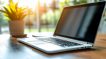Poster - Laptop on desk, home office, sunlight, plants