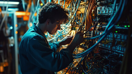 Poster - Male network administrator inserts cables into the server rack working with internet equipment in server room. Maintenance of LAN, computer networks and web servers. Data storage center. Close Up.