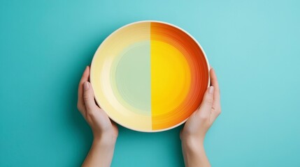 Poster - Hands Holding a Colorful Plate Against a Bright Turquoise Background