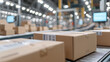 © Photo by mQ - A massive e-commerce fulfillment center with neatly stacked parcels labeled with barcodes. The background shows computer screens, automated conveyor belts, and an advanced inventory system.