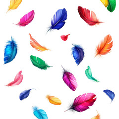 Aufkleber - A digital illustration showcasing numerous vibrantly colored feathers falling against a stark black backdrop.