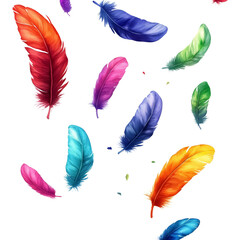 Poster - A digital illustration showcases multiple vividly colored feathers falling against a stark black backdrop.
