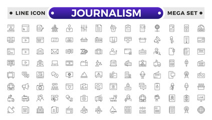 Journalism icon set. Containing journalist, news, microphone, interview, reporter, podcast, press badge, newspaper and radio. Outline icons collection. Vector illustration.