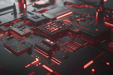 Poster - Red illuminated circuit board, tech background