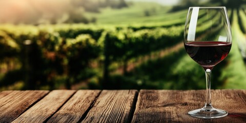 Wall Mural - A glass of deep red wine placed on a rustic wooden table, with a blurred vineyard landscape in the background under warm sunlight, evoking a sense of relaxation and elegance