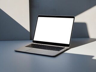 Wall Mural - Laptop Mockup With A Blank White Screen, Positioned On A White Platform Under A Beam Of Sunlight, A Modern And Minimalist Tech Presentation
