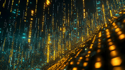 Poster - Golden data stream flows; digital landscape