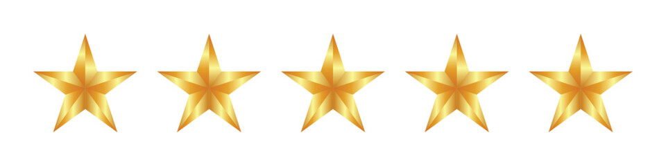 Poster - golden five star rating. 3d shiny stars as symbol of best quality. rating and review of product or service. vector illustration on transparent background.