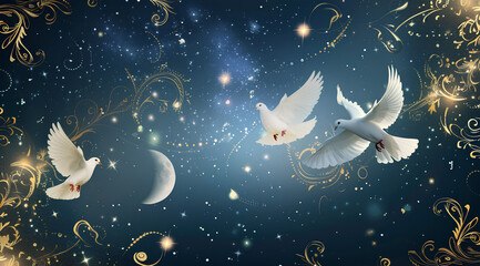Wall Mural - two white doves flying in the sky, surrounded by stars and moonlight. the background is dark blue wi