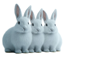 Three adorable white rabbits sit in a row, showcasing their fluffy fur and alert ears. transparent background