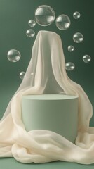 Fototapete - Beneath a calming atmosphere, a pale green podium stands gracefully draped in soft white fabric, surrounded by ethereal floating soap bubbles, creating a whimsical ambiance