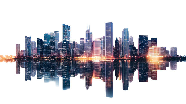 Modern urban skyline reflecting on a calm river during twilight isolated on transparent background --ar 16:9 --v 6.1 - Upscaled (Subtle) by @Jazi Server (relaxed)