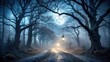 © Urenus Photos - Enchanted Forest Path Illuminated by a Hanging Lantern Under a Full Moon's Glow