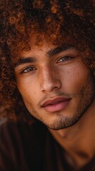 Poster - A multiethnic man with tousled, curly hair gazes intently at the camera, his expressive eyes reflecting the warmth of the setting sun