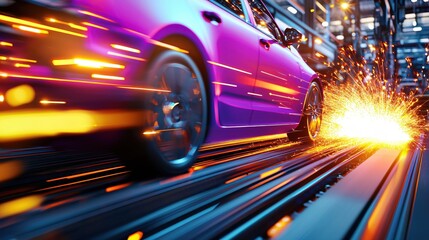 Poster - fast purple car speeding through factory sparks flying
