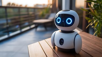Poster - Friendly Robot Companion on Modern Terrace at Sunset