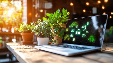 Fototapete - Secure Online Lifestyle Laptop Green Technology Nature