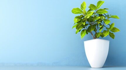 Poster - Serene Green Plant in White Pot Against Blue Wall Minimalist Home Decor