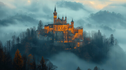 Poster - majestic castle illuminated by lights in the night forest . Generative AI