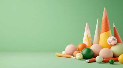 Fototapete - Pastel Cones and Spheres on Green Background Abstract Modern Art Design