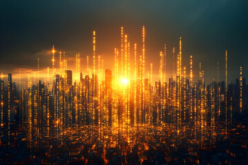 Poster - Golden city sunrise, futuristic skyline, urban landscape, background technology
