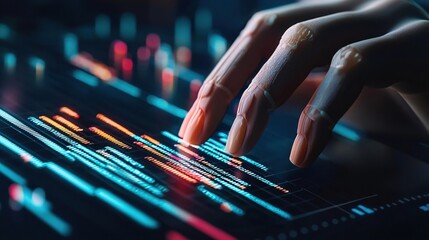 Poster - Futuristic Hand Interacting with Digital Code Interface Neon Lights