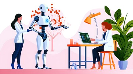 Poster - Scientists Collaborate with Advanced Robot in Modern Lab Setting Exploring Futuristic Technology