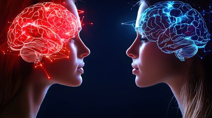 Poster - Two Women Face to Face Brainpower Illuminated Red Blue Neural Network