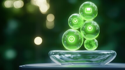 Aufkleber - Green Illuminated Spheres on Glass Display Wellness Technology Concept