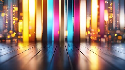 Poster - Vibrant Cityscape Night Lights Abstract Background Wooden Floor