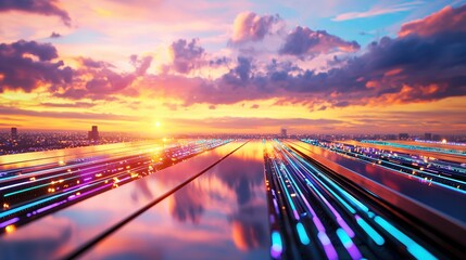 Poster - futuristic cityscape sunset vibrant lightspeed streaks across modern platform