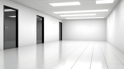 Poster - Modern Office Corridor Minimalist Design Three Doors White Walls Clean Lines Bright Lighting Empty Space