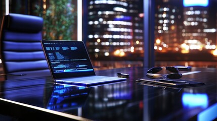 Poster - Night City Office Laptop Coding Modern Technology