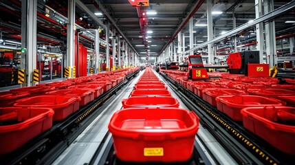 Poster - Modern Automated Warehouse Red Bins Conveyor System Logistics Industry