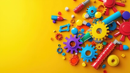 Poster - Colorful Gears and Tools Scattered on Yellow Background Bright Playful Design Creative Mechanics