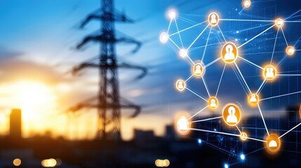 Aufkleber - Smart Grid Network Connecting People Energy Sunset Cityscape
