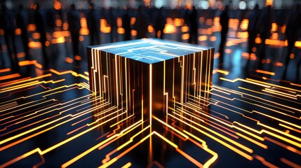 Fototapete - Futuristic Glowing Cube Network Digital Technology Abstract Art