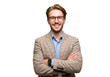 © PixelPulse Creative - A young man with light brown hair, wearing glasses, a checkered beige blazer, and a blue shirt, standing with arms crossed and smiling isolated on transparent background