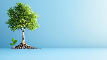 Aufkleber - Serene Green Tree with Exposed Roots Minimalist Nature Scene Blue Background