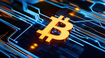Poster - Golden Bitcoin Symbol on Futuristic Circuit Board Technology Background
