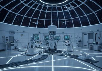 Poster - futuristic cyberpunk observatory laboratory . Generative AI